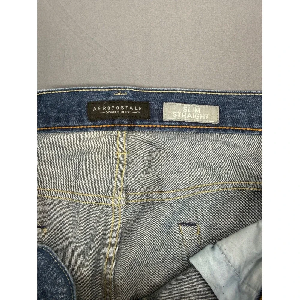 Aeropostale Mens Slim Straight Jeans 38x32 Wash Distressed Denim